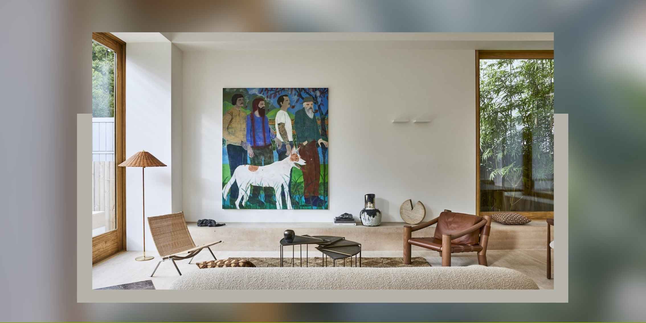 Warm, artful living room interior