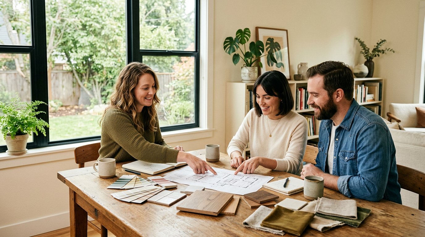 Homeowners reviewing renovation plans with a contractor